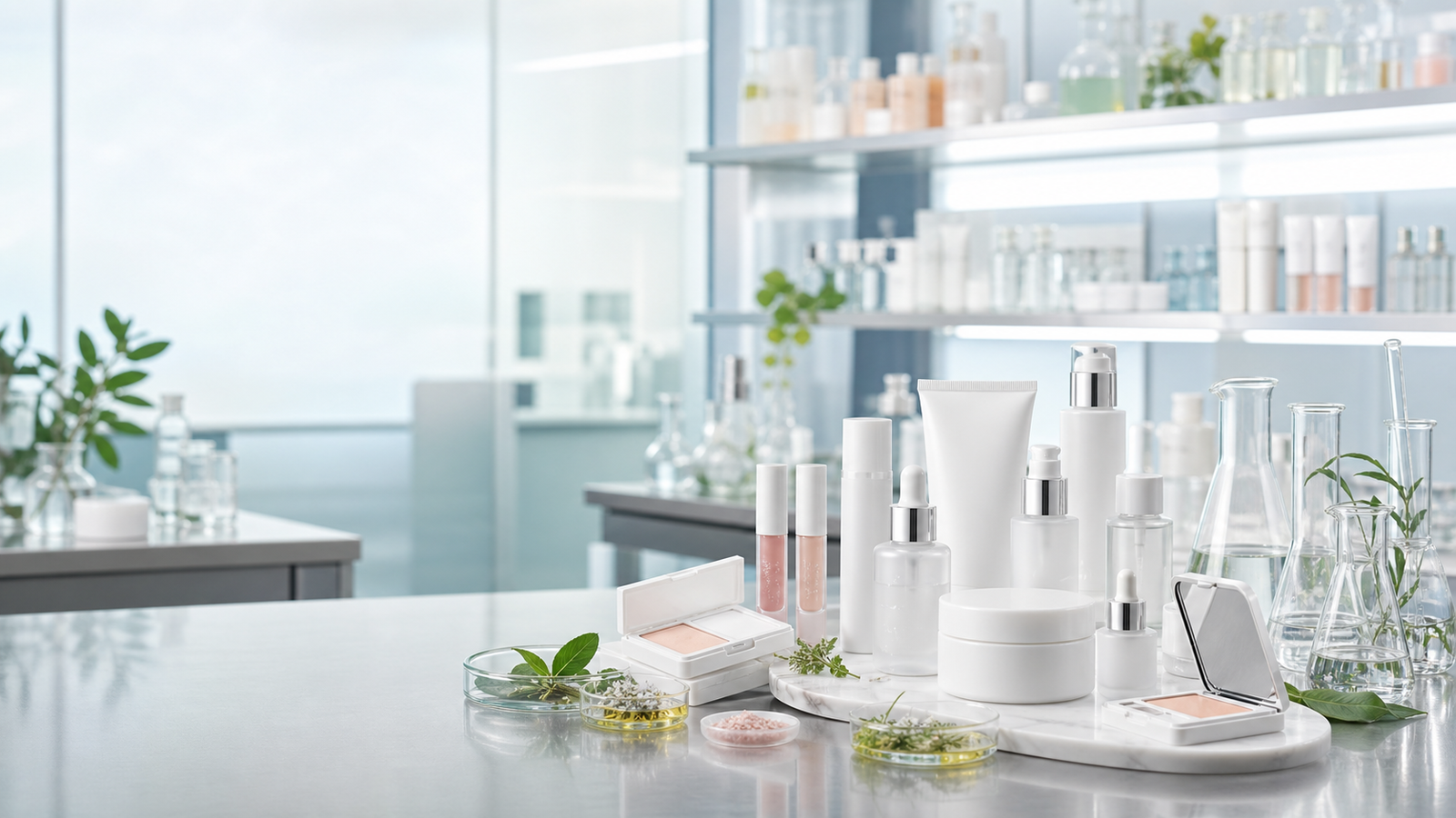Modern cosmetic formulation lab with private label packaging