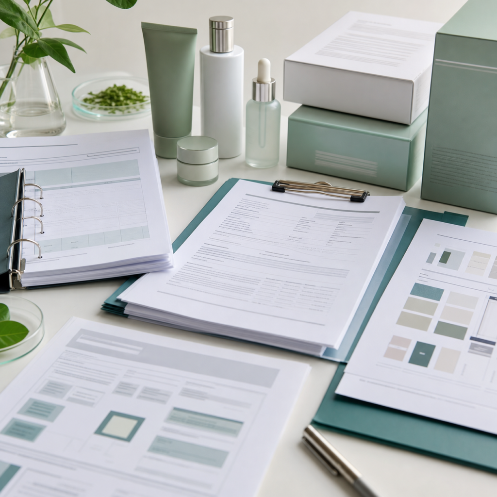 Cosmetic compliance documentation planning with product specifications and packaging samples