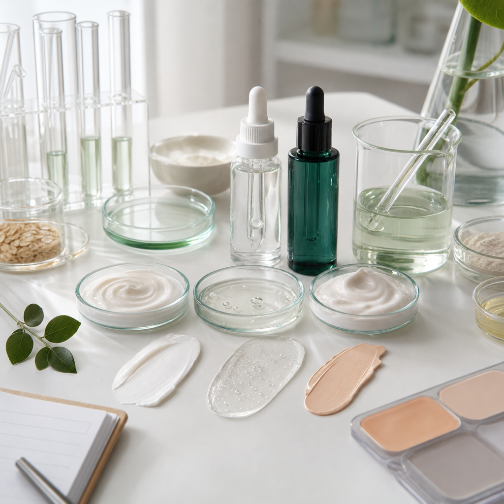 Cosmetic formulation development lab samples with serum, cream and texture swatches