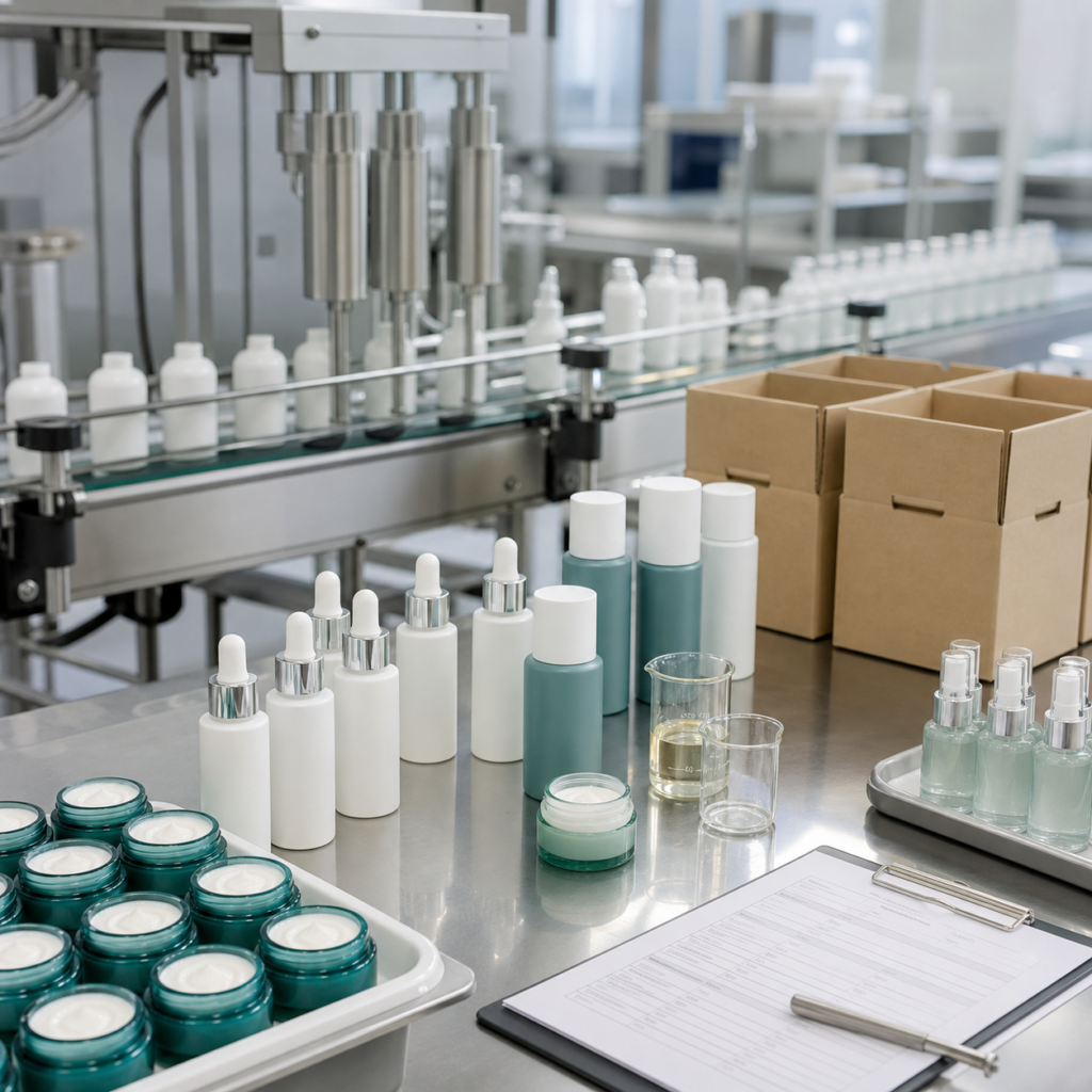 Cosmetic manufacturing process with filling inspection packing and unbranded product samples