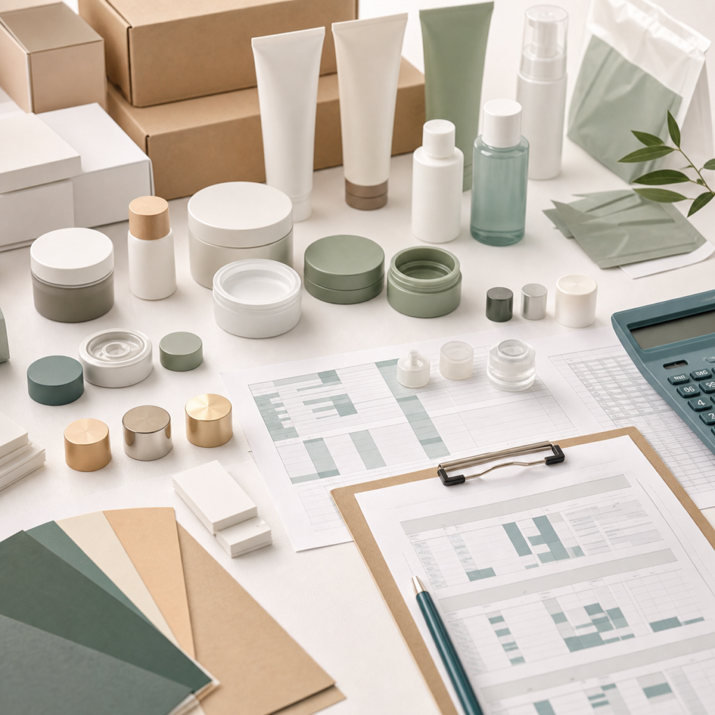 Cosmetics MOQ planning desk with packaging components and production planning materials