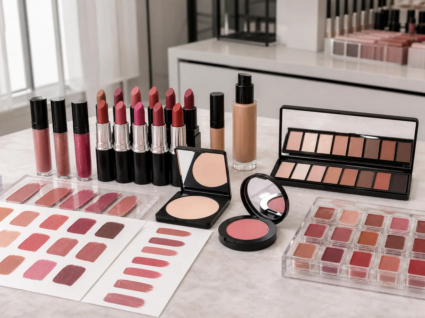 Private label color cosmetics samples with shade swatches